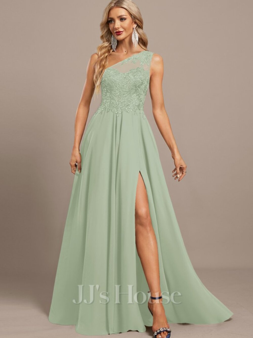 JJ's House Dorinda Celadon One Shoulder Chiffon Maxi Dress sz 16